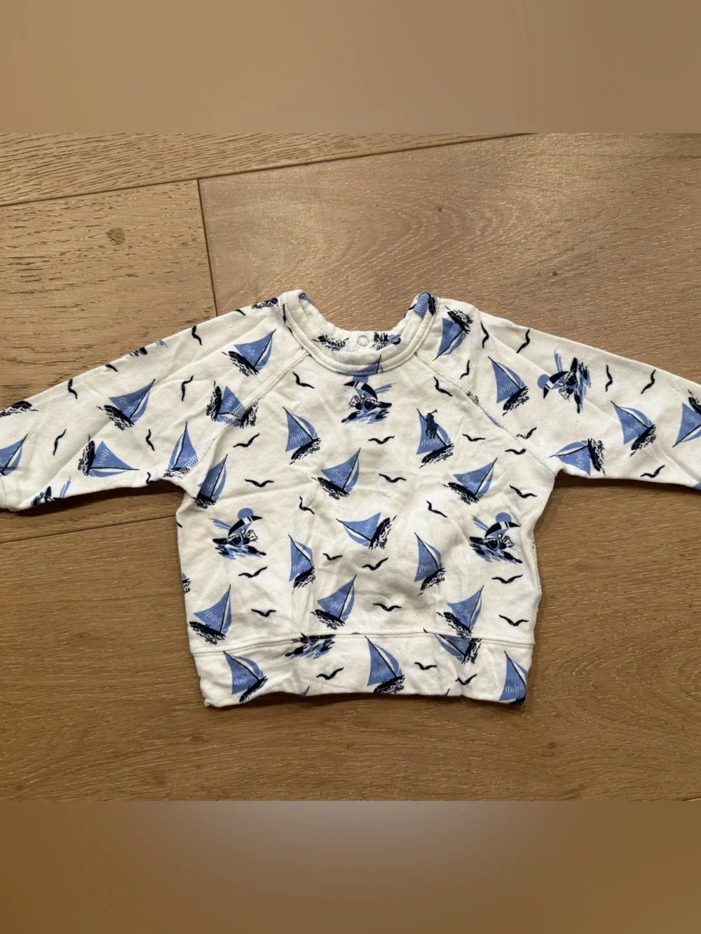 Ralph Lauren Baby White Cotton Sweater with Blue Sailboat Print - Sz 6M